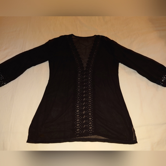 NWOT Sheer Black Swim Cover-up Tunic Designer Eyelet Lace Plunge Top S / M, 4, 6 - Picture 5 of 8